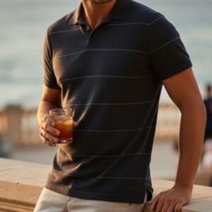 Banana Republic XL Silk Cotton Knit Polo Charcoal Stripe Quiet Luxury Minimalist